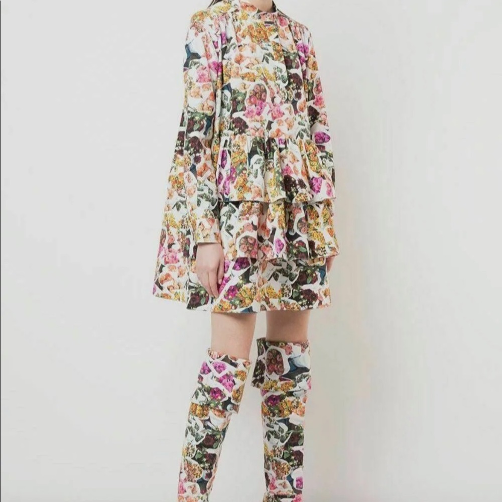 Adam Lippes floral print silk faille tiered mini dress. With pockets!